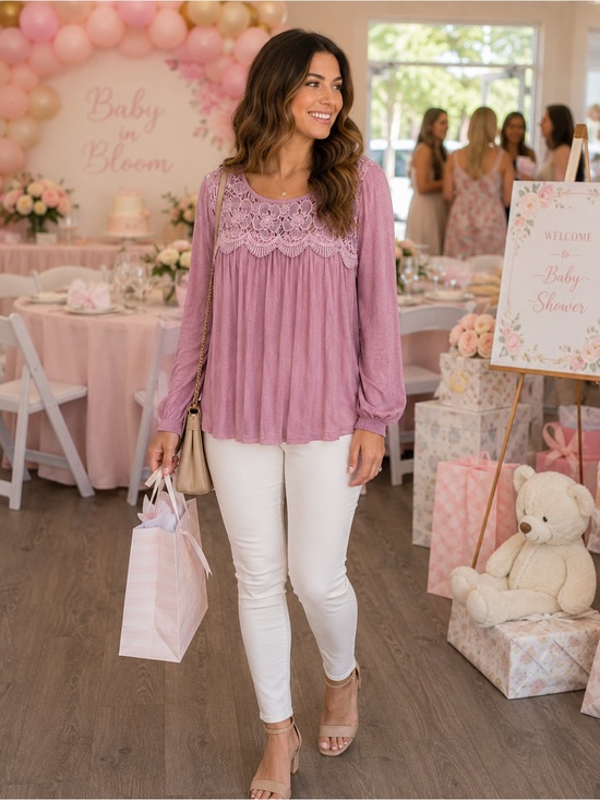 easel Tops - easel Lace Yoke Long-Sleeve Tunic in Mauve